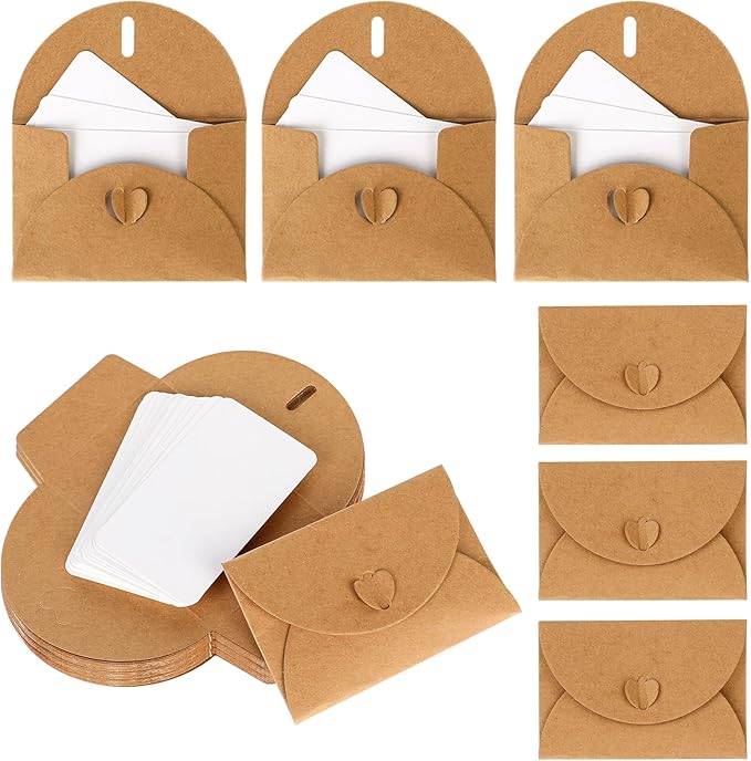 Mini Envelopes with Blank Cards 4.1 x 2.8 inch Kraft Paper Gift Card Holders Cute Tiny Envelopes with Heart Clasp for Gift Cards, Wedding Party Favors, Greeting Cards Mailing, Business Cards