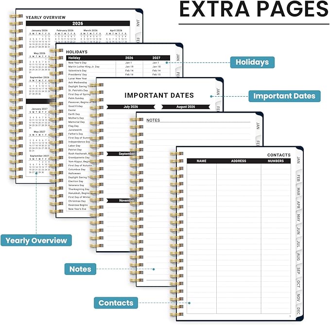 2026 Planner, Monthly and Weekly Calendar Planner for Women, Jan 2026 - Dec 2026, Hardcover Pretty 2026 Agenda Planner Book with Tabs, Spiral Bound, Perfect for School Office Home Supplies, 6.3" x 8.5" - Golden Elegance