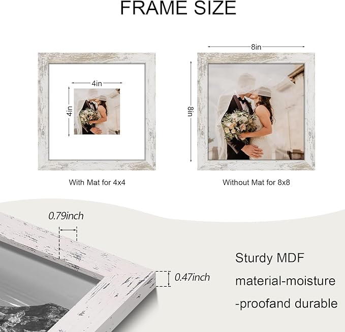 8x8 Picture Frame Set of 9, Photo Gallery Wall Frame Set, Display Pictures 4x4 with Mat or 8 x 8 Without Mat, Square Frame Picture Frames Collage Wall decor, Distressed White
