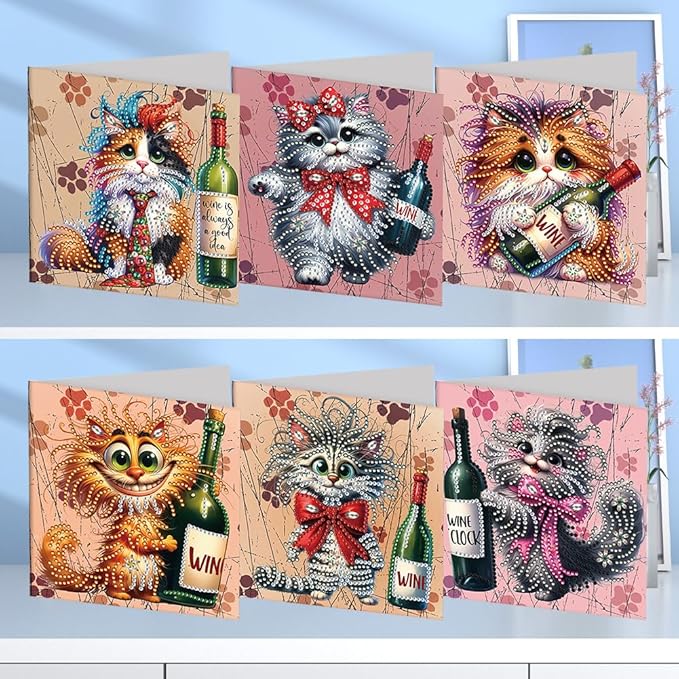 C'eitura 6Pcs DIY Diamond Art Greeting Cards, Fun Cat with Wine Bottle Design Blank All Occasion Cards with Envelopes, Unique Birthday Thank You Note for Cat Lovers, Wine Enthusiasts & Party Friends
