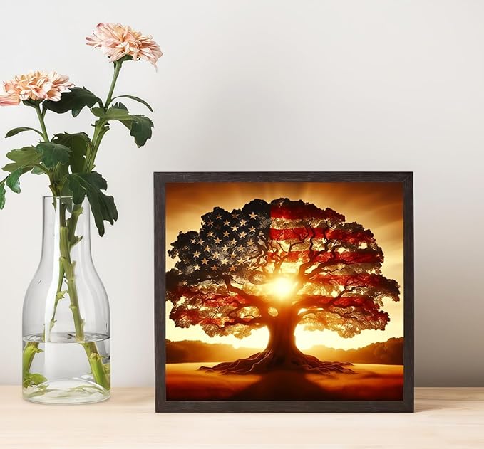 5D Diamond Painting Kits for Adults, American Flag Tree Diamond Art Kits for Beginner, DIY Full Drill Round Ancient Tree Gem Art Paint by Diamonds Dots Crafts Kits for Home Decor 13.7x13.7 Inch