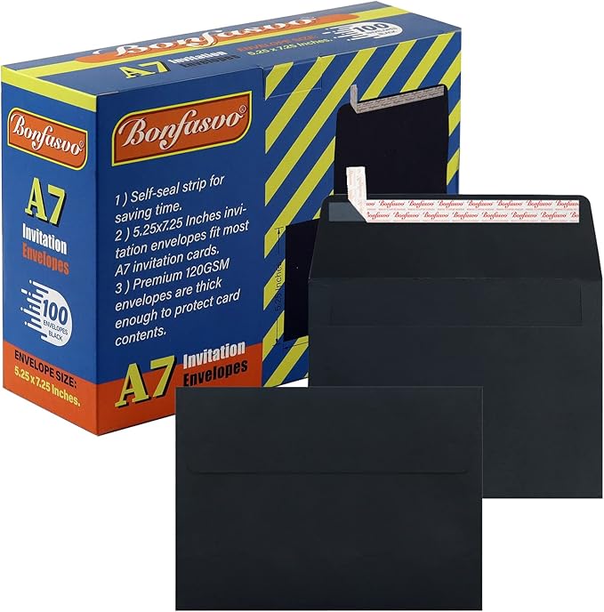 100 Pack A7 Black Invitation Envelopes 5.25 x 7.25 inches Self Seal 120GSM Kraft Paper Envelopes for Invitations Papers Photos Documents Wedding Baby Shower Easy to Seal