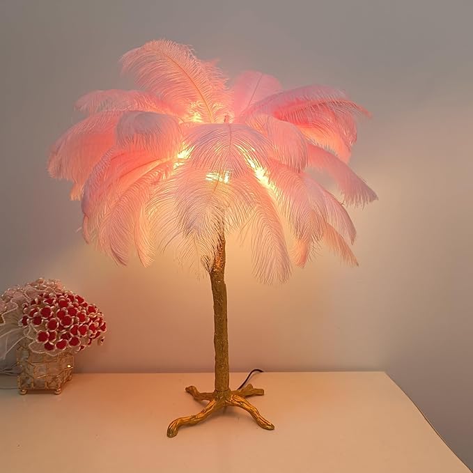 Pink Feather Lamp Romantic Ostrich Feather Bedside Lamp with Gold Resin Stand Coconut Fuzzy Table Lamp G4*3 Bulb Nordic Nightstand Light for Bedroom Living Room Entryway Christmas Gift