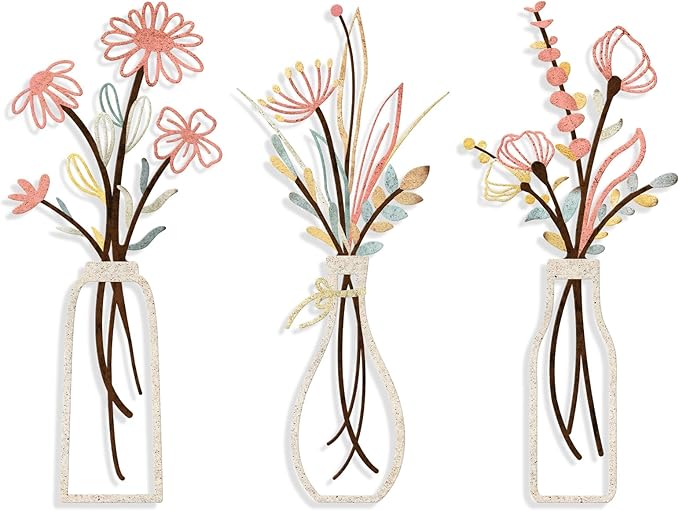 3 Pieces Metal Flowers Wall Arts - Rustic Farmhouse Style Décor Metal Wall Art Black Minimalist Flower Natural Themed Wall Decors for Home Bedroom Dining Room Housewarming (Pink Beige)