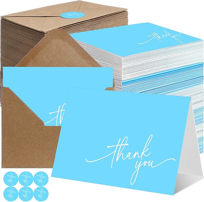 Gueevin 200 Pcs Thank You Cards with Kraft Envelopes and Stickers Bulk, 3.5 x 5 Inch Classy Blank Thank You Notes for Wedding, Business, Graduation, Baby Shower, Bridal Shower, Funeral (Light Blue)