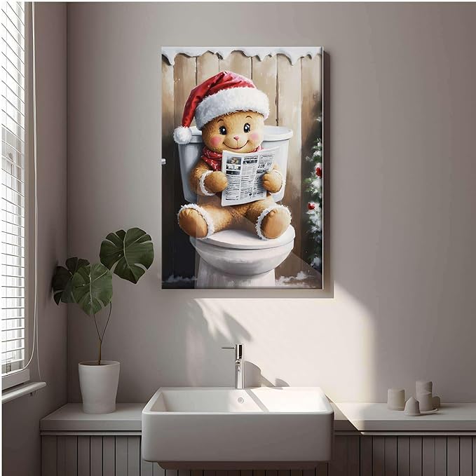 Framed Canvas Wall Art Gingerbread on the Toilet Funny Christmas Poster Bathroom Wall Art Toilet Trendy Christmas Decor 16x24in Wood Framed