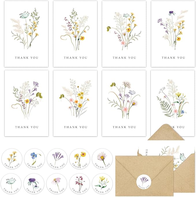 96 Pack Floral Thank You Cards with Envelopes, Wildflower Thank You Notes with Kraft Envelopes for Wedding Bridal Shower Baby Shower Teachers Graduation, 4 x 6 Inch
