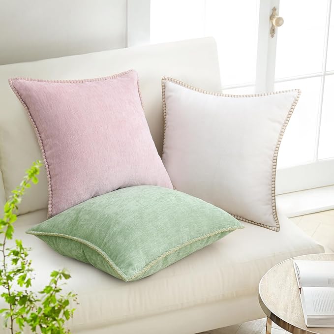 decorUhome Spring Chenille Soft Throw Pillow Covers 12x20 Set of 2, Lumbar Velvet Farmhouse Neutral Decorative Pillow Covers with Stitched Edge for Couch Sofa Bed Home Decor, Blush Pink