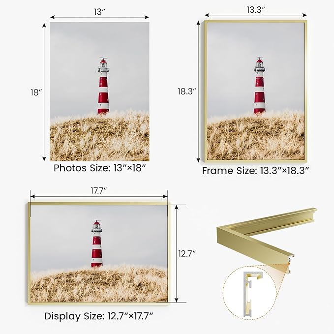 13x18 Aluminum Metal Picture Frame,Tempered Glass Gold Photo Frame 13x18 for Family Photo,Posters,Art,Document to Wall Mount Horizontally or Vertically