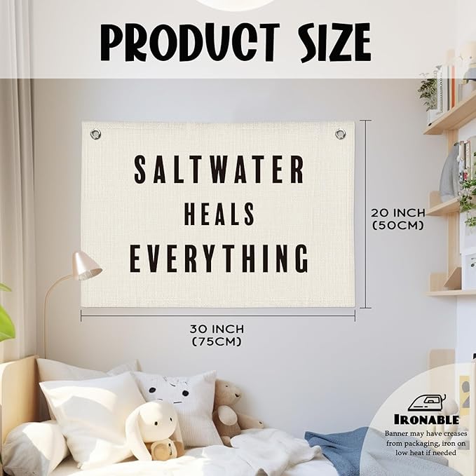 Surfer Beach Banner, Ocean Coastal Linen Canvas Banner, Saltwater Heals Everything Wall Hanging Flag Decor for Toddler Boy Room Nursery Playroom
