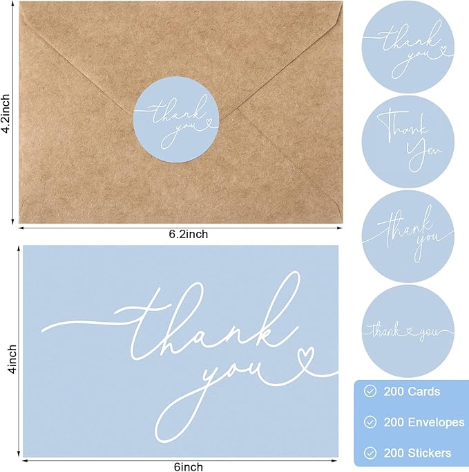 Teling 200 Set Thank You Cards with Envelopes Bulk, 6 x 4 Inch Blank Thank U Greeting Notes with Brown Kraft Envelopes Stickers Thankyou Card Set for Graduation Wedding Birthday Baby Shower(Blue)