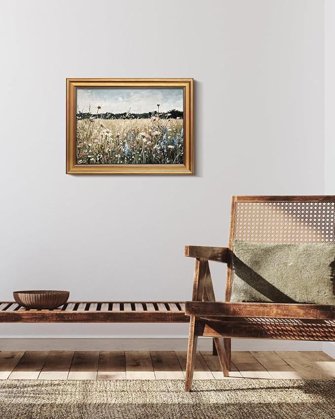 Bzstyleart Vintage Wall Art Decor for Living Room, Framed Landscape Wall Art Bedroom, Meadow with Flowers,Vintage Room Decor,Paintings for Bedroom,12 x 16 Inch