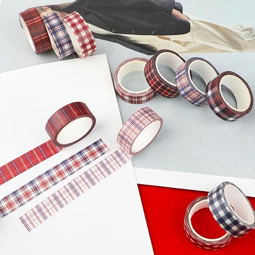 12 Rolls Christmas Basic Grid Washi Tape Set, Red Blue White Plaids Decorative Paper Stickers for Thanksgiving Independence Day Scrapbook Journaling DIY Art Crafts Gift Wrapping 16.4FT