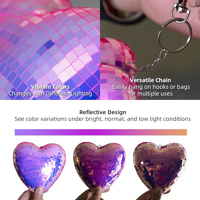 2 Pack Mirror Heart Disco Ball, Purple Reflective Hanging Decorative Ornament with Stand, Heart-Shaped Decor for Wall, Party, Room, Home, Gift Idea for Couples, Valentine's Day(4.5 inch)