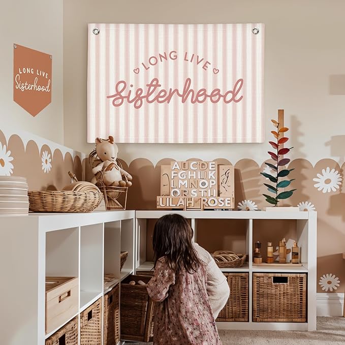 Lacama Long Live Sisterhood Banner, Pink Linen Banners Wall Hanging Banner Flag Decor for Toddler Girls Room Nursery, Wall Hanging Flag 30x20 In