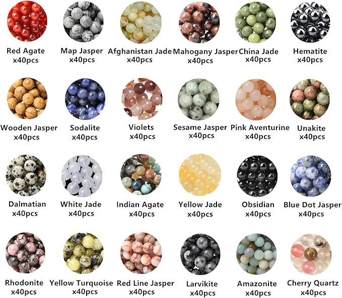 960pcs Natural Stone Beads Crystals Round Genuine Real Stone Beading Loose DIY Gemstone for Bracelet Jewelry Making(6mm,24 Color)