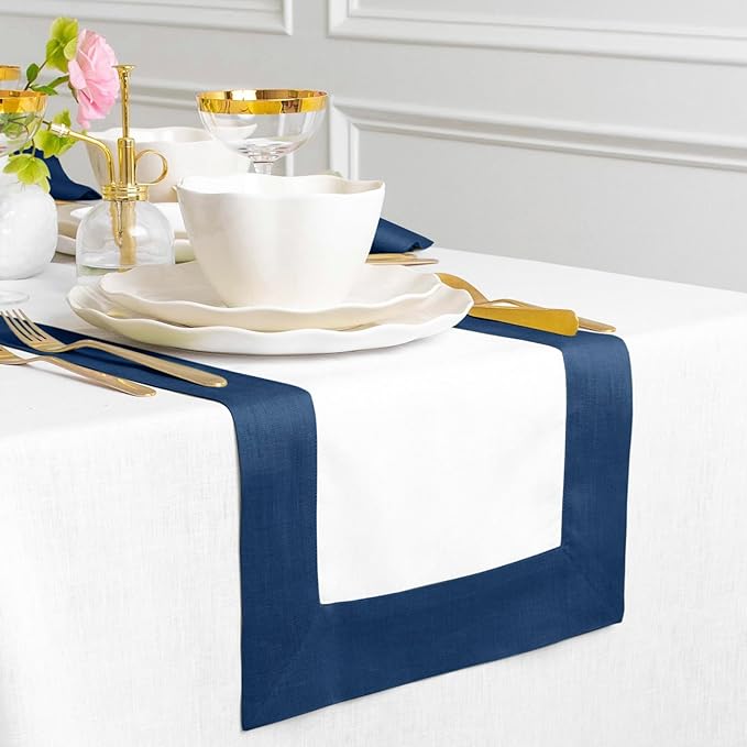 Solino Home Linen Table Runner 108 Inches Long - Indigo Blue and White 100% Pure Linen 14 x 108 Inch Table Runner for Dining, Winter - Contempo