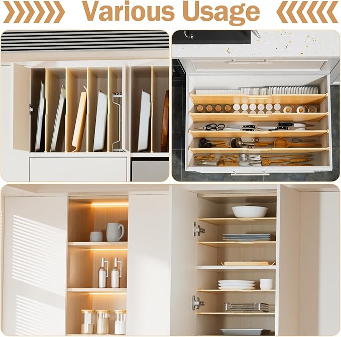 4 Set Trim-to-Fit Wood Tray Dividers for Cabinet, Cookie Sheet Organizer, Multi Layer Embedded Plug-in Board Storage, Cuttable DIY Storage Divider Insert for Kitchen Bedroom Cabinet Closet