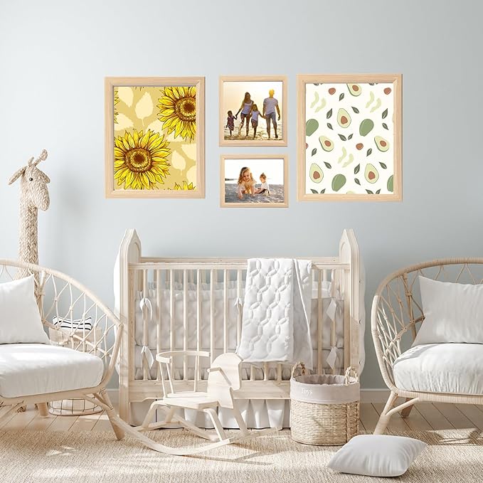 5x7 Natural picture frame with mat 4x6 set of 4, Modern Style Wood Composite frames-Tempered Glass Table or wall-horizontal or vertical frames best gift home decor