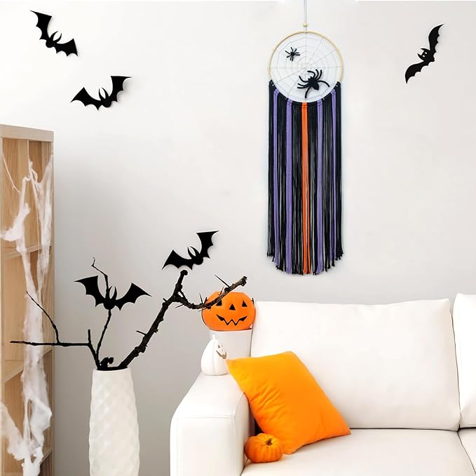 LB Halloween Black Macrame Wall Hanging, Spooky Halloween Wall Art Boho Dream Catcher Orange and Purple Handmade Spider Web Woven Tapestry for Bedroom Living Room Nursery Office Backdrop, 10x32 Inch