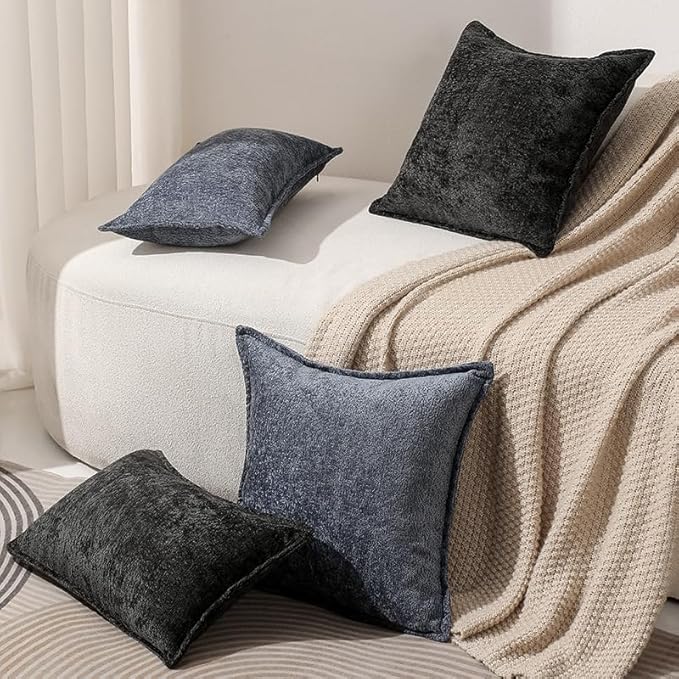 Pack of 2 Black Decorative Throw Pillow Covers 18x18 Cozy Soft Chenille Accent Vintage Square Couch Pillow Covers for Home Decor Bed Sofa Living Room