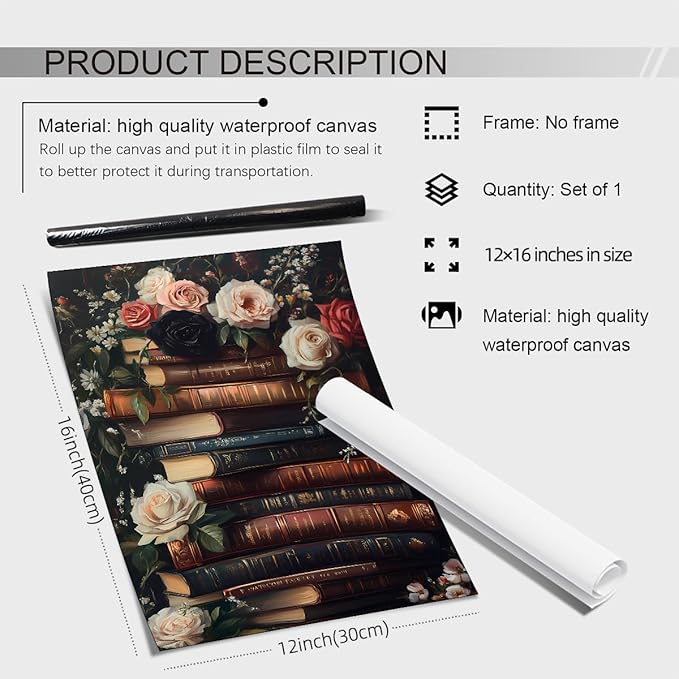 Dark Academia Book Canvas Posters Moody Botanical Floral Wall Art Vintage Antique Victorian Aesthetic Oil Painting for Gallery Library Wall Decor 12X16 inch Unframed
