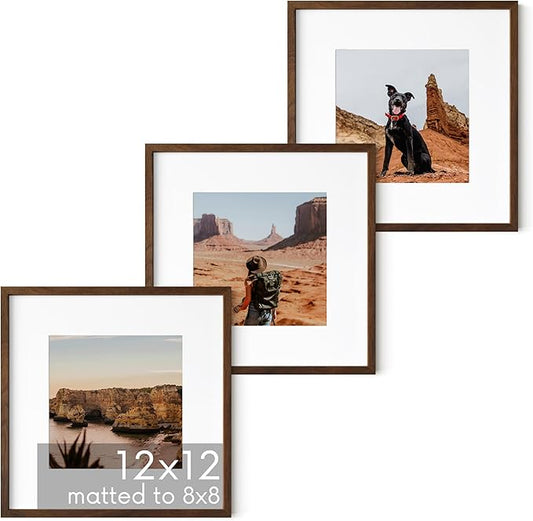 HAUS AND HUES Walnut Square Frames 12x12 Matted to 8x8-12x12 Gallery Wall Frame Set Ideal for Home, Office (12x12 inch, Walnut, Set of 3)