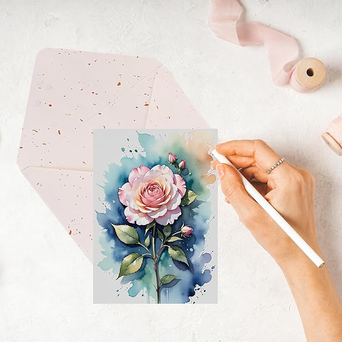 5x7 Blank Inside Card with Envelope, Elegant Watercolor Rose Blank Greeting Card for All Occasions – Birthday, Sympathy, Thank You - Single Card