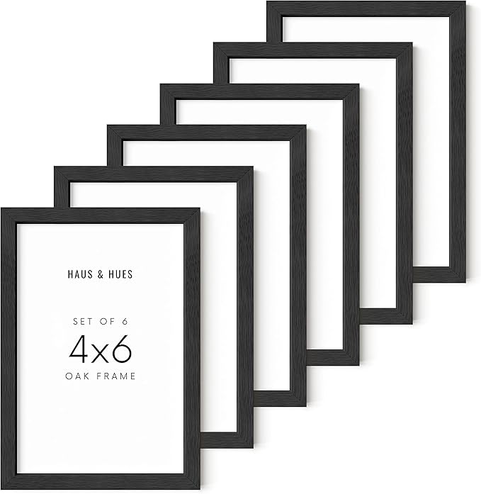 HAUS AND HUES 4x6 Black Oak Frame Set of 6 - Solid Wooden Gallery Holders for Wall & Tabletop