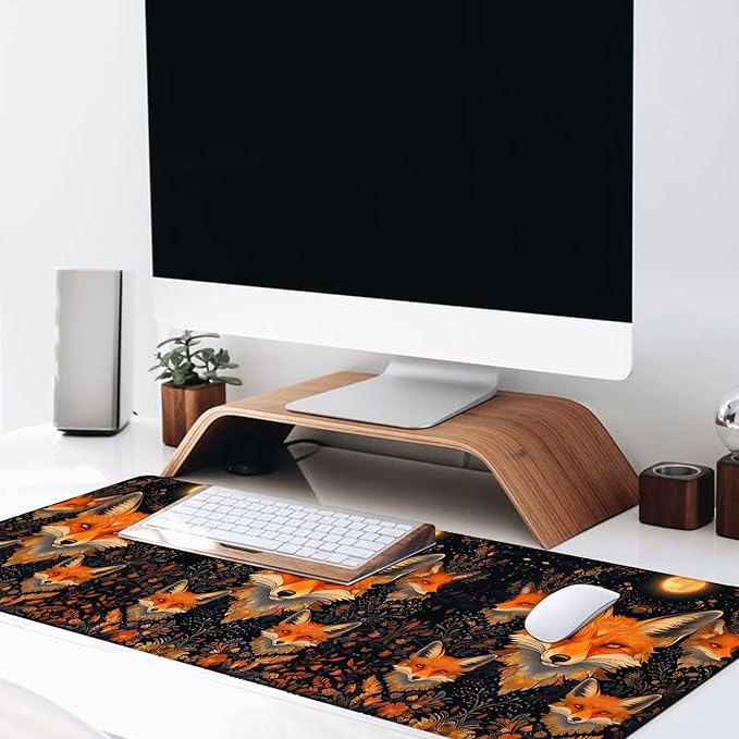 Moonlit Fox Large Gaming Desk Mat,Rubber Non-Slip Foxgloves Enchanting Floral Mouse Pad,31.5x11.8x0.12in Extended Cool Mysterious Mousepad,Game Lover Mice Pads Gifts,Office Home Deskmat Decor