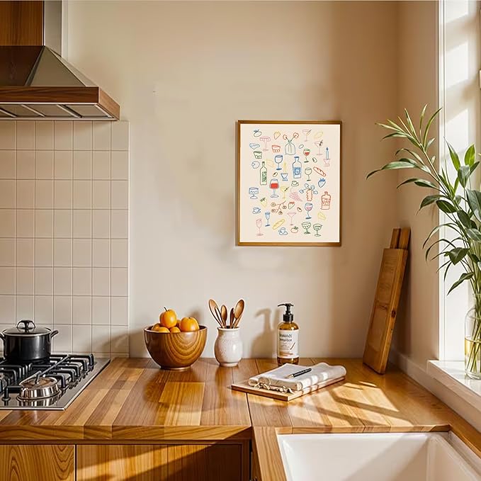 Uniro Vintage Kitchen Wall Art Print, Retro Dinner Table Prints Canvas Painting, Minimalist Food and Drinks Illustrations Poster, Maximalist Kitchen Gallery Wall Art for Apartment Decor, Bar Cart Art Print Decor - 8"x10"