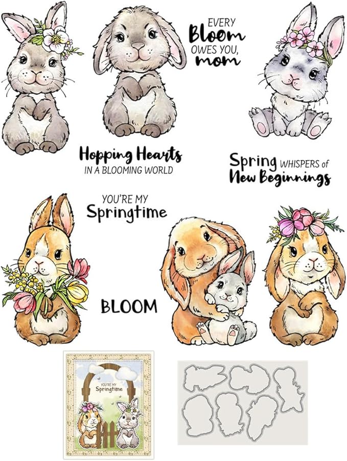 Flowers Rabbit Animals Stamps and Cutting Dies for Card Making DIY Transparent Silicone Clear Stamp and Metal Die Cuts Sets for Scrapbooking Paper Greeting Cards Decor Seals Craft Supplies