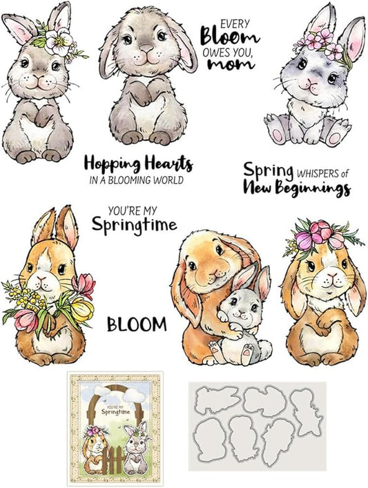 Flowers Rabbit Animals Stamps and Cutting Dies for Card Making DIY Transparent Silicone Clear Stamp and Metal Die Cuts Sets for Scrapbooking Paper Greeting Cards Decor Seals Craft Supplies