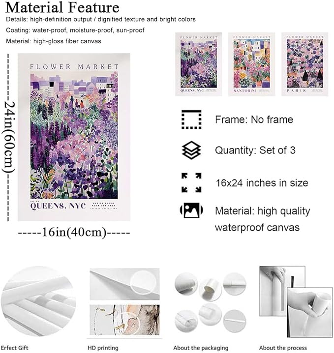 XLARTMY Flower Market Wall Art Prints Canvas Purple and Pink Floral Paintings Colorful Botanical Travel Flower Posters for Home Decor Pictures Set of 3 for Living Room Bedroom 16x24in Unframed