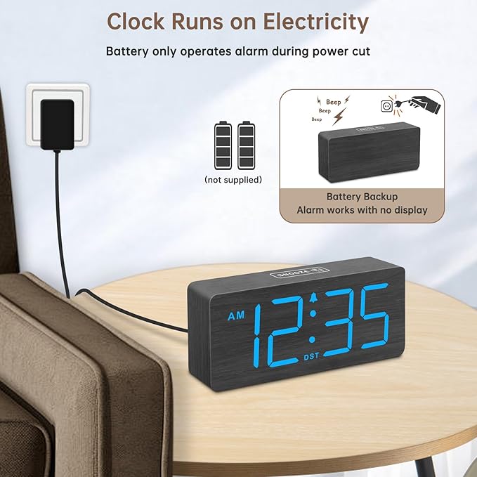DreamSky Wooden Digital Alarm Clock for Bedroom - Desk Clocks for Living Room with Large Numbers, Dimmer, Loud Alarm for Heavy Sleepers with Volume Control, DST, Office Wood Decor (Plug in Clock)