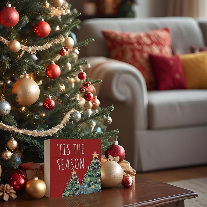 Christmas Decorations, The Season Christmas Trees Wooden Box Sign, Merry Christmas Sign, Christmas Decorations Indoor, Farmhouse Rustic Wood Block Plaque for Home Desk Bedroom Decor 5x5