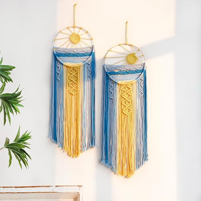 2 Pack Blue Sun Wall Decor Macrame Hanging Tapestry Sunshine Sunset Wall Art Set, Rustic Woven Tapestries Boho Dream Catcher Colorful Decor for Bedroom Living Room Nursery (Blue 2Pcs)