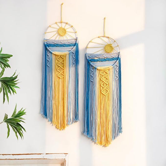 2 Pack Blue Sun Wall Decor Macrame Hanging Tapestry Sunshine Sunset Wall Art Set, Rustic Woven Tapestries Boho Dream Catcher Colorful Decor for Bedroom Living Room Nursery (Blue 2Pcs)
