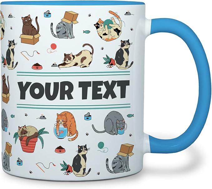 Personalized Mug for Kids - Cats - Custom Name/Text, Ceramic Hot Chocolate/Cocoa/Coffee Cup for Boys/Girls, Birthday/Christmas/Holiday Gift - 11 oz, Pink Handle