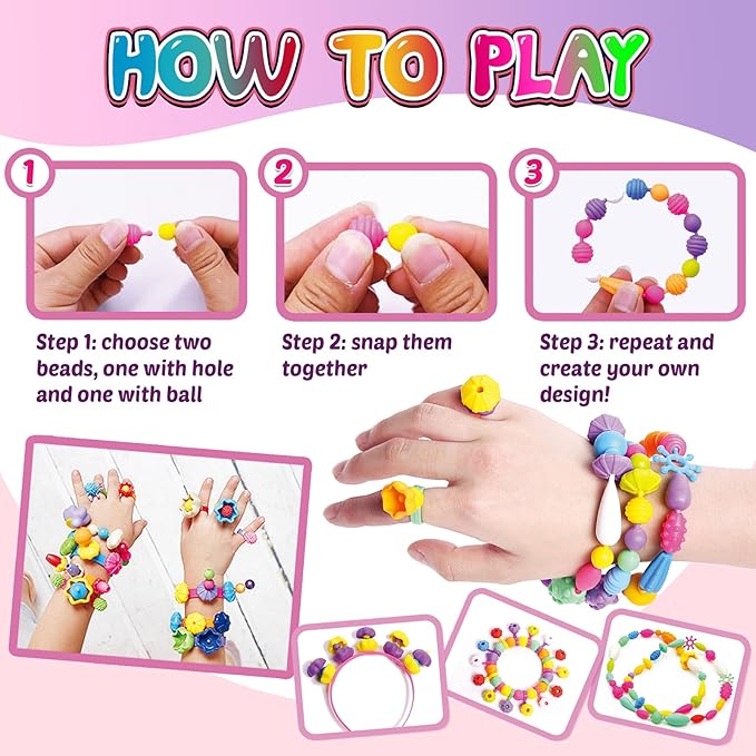 FUNZBO 850pcs Pop Beads - Jewelry Making Kit for 3 4 5 6 7 8 Year Old Little Girls, Arts and Crafts Toys for Kids, Necklace Bracelet Ring Hairband Creativity Snap Set Holidays Christmas Birthday Gifts