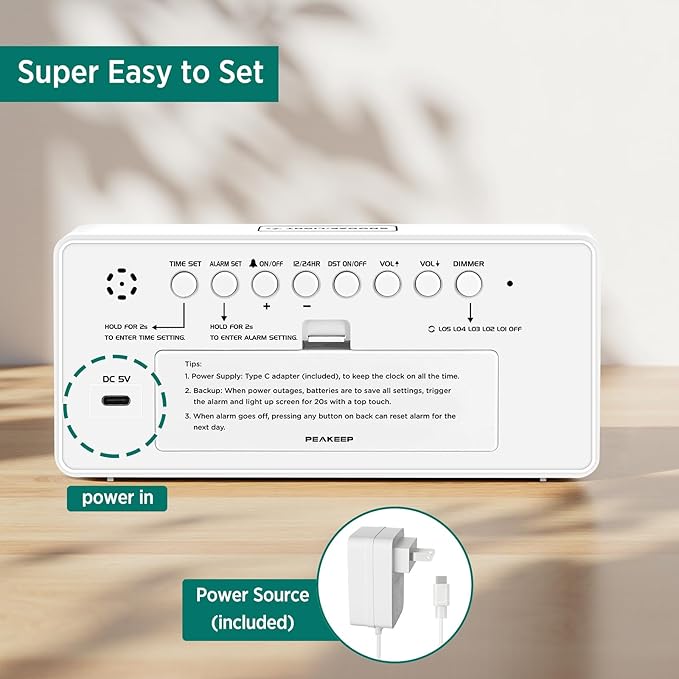 Peakeep Digital Clock, Alarm Clock Battery Backup Powered for Bedrooms – Mirror Face Large Numbers 6 Dimmer for Seniors, Super Loud for Heavy Sleepers (White)