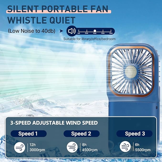 FADACHY Mini Fan, Handheld Fan Desk Fan, Small Personal Fan with 3 Speeds Neck Fan Power Bank