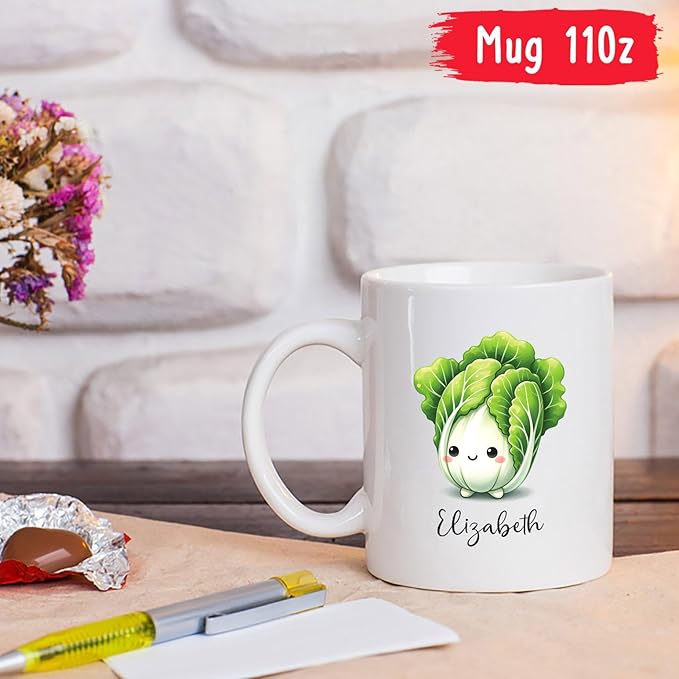 Personalized Chinese Cabbage Mugs, Chinese Cabbage Gifts For Friend Coworker, Custom Name Vegetable Ceramic Cup 11oz 15oz, Cute Chinese Cabbage Vegetable Lover White Travel Mug, Cabbage Fans Cup