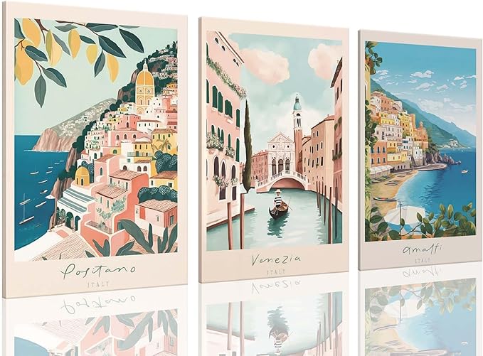 XLARTMY Italy Amalfi Coast Travel Posters Wall Art Framed Canvas Decor City Landscape Blue Venice Coast Painting Beach Modern Artwork for Living Room Bedroom Bathroom Office Set of 3 16x24in