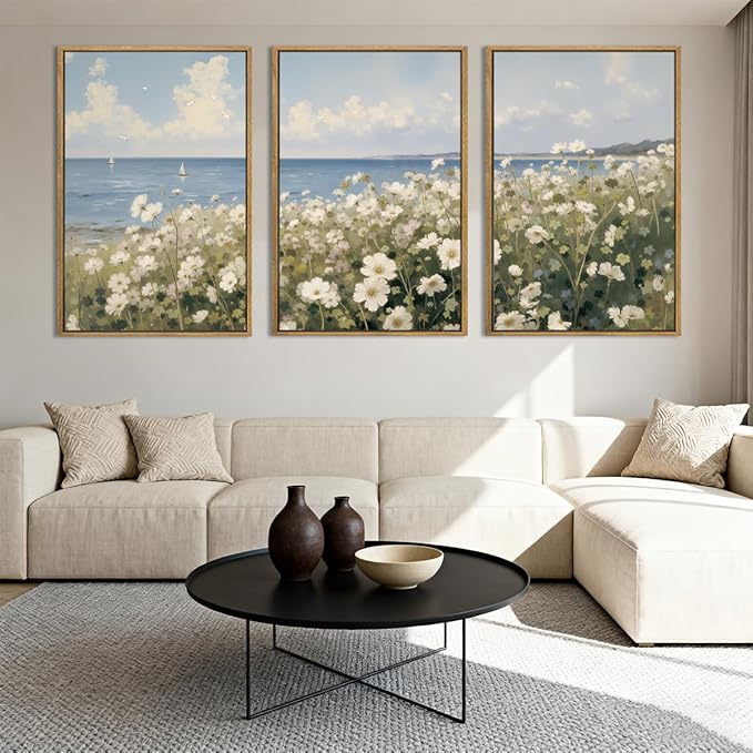 Anyzal Farmhouse Floral Wall Art Framed Coastal Wildflower Wall Decor Flower Painting 16x24 Inch Set of 3 for Living Room Bedroom Dining Room