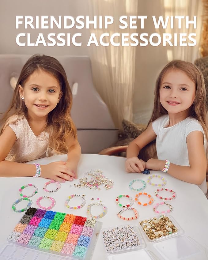 BestNow Friendship Bracelet Making Kit with 28 Colors 4200Pcs Clay Beads 400Pcs Letter Beads for Jewelry Making Cute Charm Number Heart & Pattern Beads Ideal Gifts for Girls 6-13