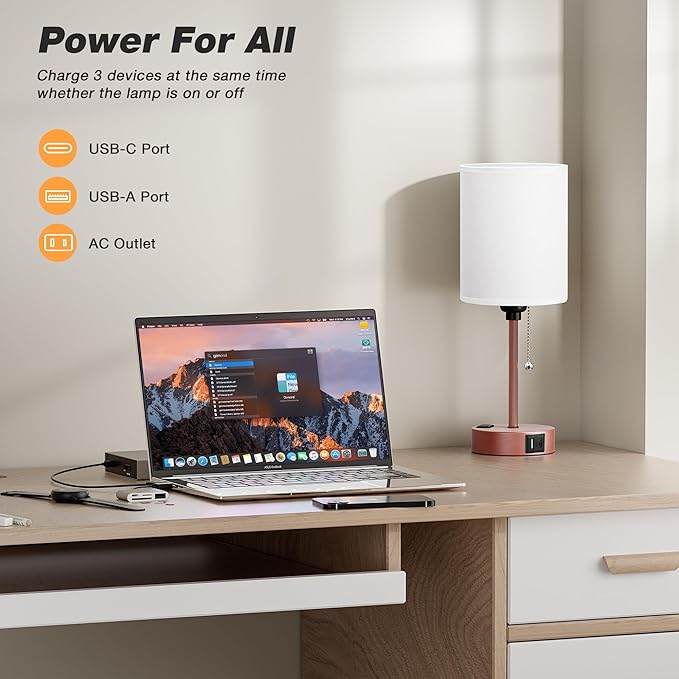 Small Bedside Table lamp for Bedroom - Red Bronze Modern Wedding Gift for Couples, 3 Color Temperatures & USB Ports & AC Outlet, Gold Nightstand Lamps for Reading, Dorm, Office, Living Room, Bathroom