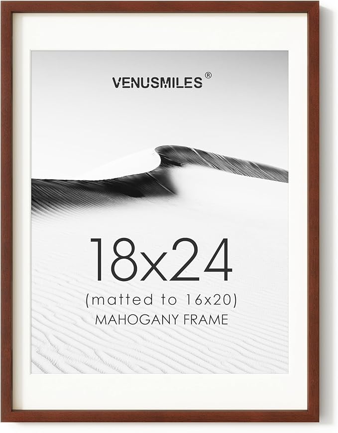 18x24 Poster Frame, USA-Sourced Natural Mahogany Wood Picture Collage Frame with HD Tempered Glass, Modern Simple 18 x 24 Wooden Photo Frame Matted to 16x20, Vertical & Horizontal Wall Hanging Display