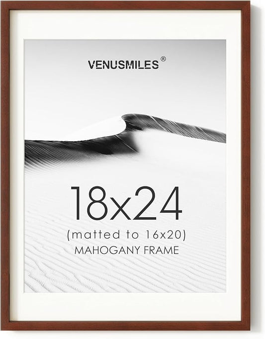 18x24 Poster Frame, USA-Sourced Natural Mahogany Wood Picture Collage Frame with HD Tempered Glass, Modern Simple 18 x 24 Wooden Photo Frame Matted to 16x20, Vertical & Horizontal Wall Hanging Display