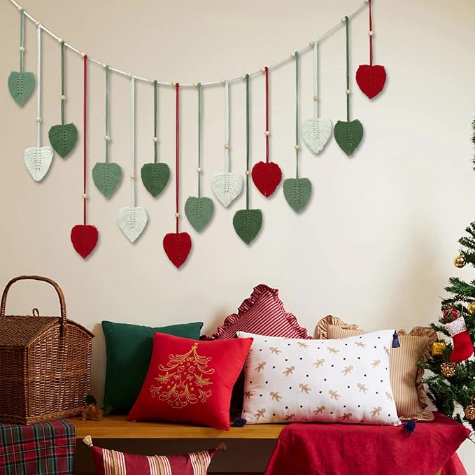 LB Christmas Macrame Wall Hanging Large, Red Feather with Wood Beads Boho Woven Tapestry Wall Hanging Macrame Wall Decor Handmade Red and Green Wall Art for Living Room Bedroom Nursery, 47x30 Inch